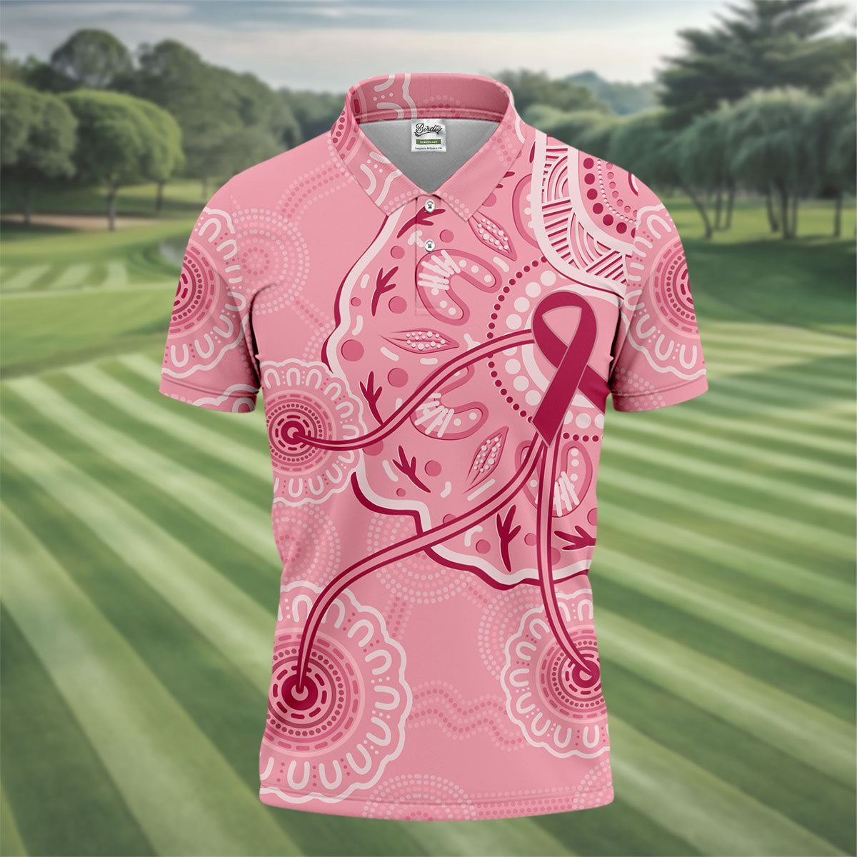 Australia Indigenous Pink Ribbon Men's Golf Shirt, Breast Cancer Awareness Shirt, Golf Shirts For Men