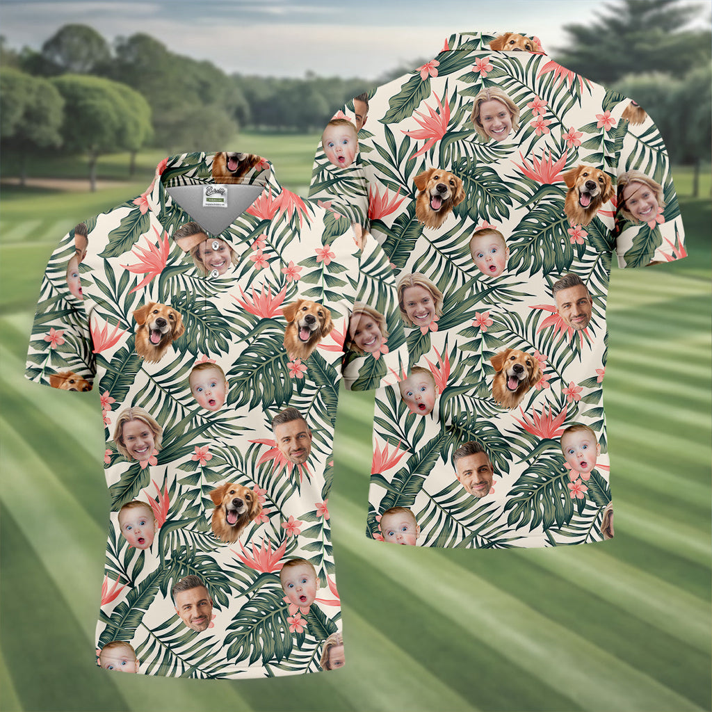 Tropical Floral Pattern Custom Hawaiian Shirts With Face, Men Polo ShirtLong Sleeve Golf Shirts