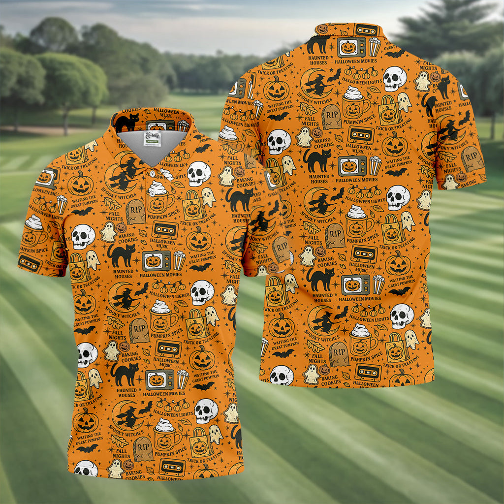 Orange Halloween Cat Golf Polo Shirt Halloween Theme Shirts, Mens Golf Polo Shirt Golfing Apparel