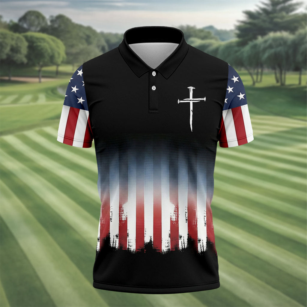 250 Years USA Anniversary 1776-2026 Men's Golf Polo Shirt, Faith Cross 4th Of July Patriotic Golf Shirt