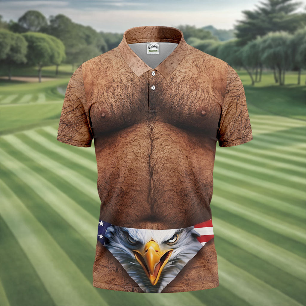 Hairy Body Funny Eagle American Flag Golf Shirt, 250th Anniversary 4th Of July Golf Shirts For Men