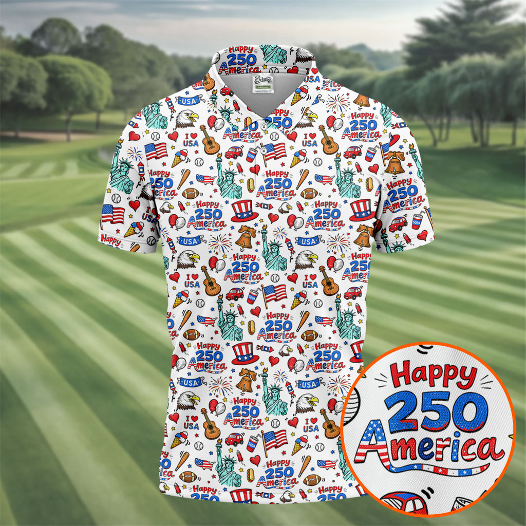 Happy 250 America Independence Celebration White Golf Shirt, Patriotic 4th Of July Golf Shirts For Men