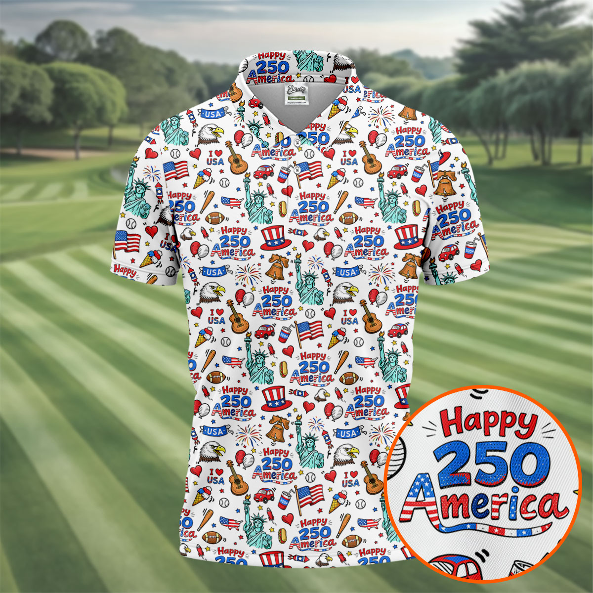 Happy 250 America Independence Celebration White Golf Shirt, Patriotic 4th Of July Golf Shirts For Men