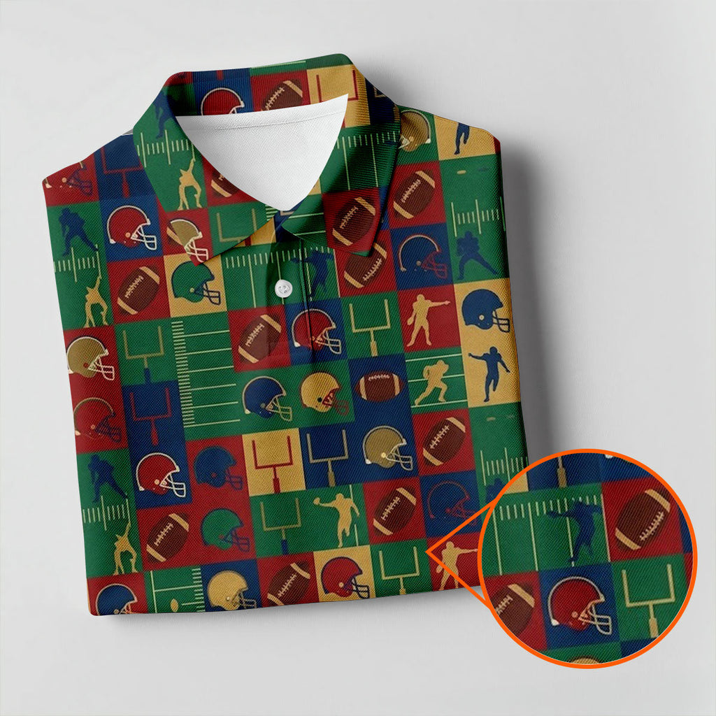 Football Pattern Square Grid Sport Polo, American Football Shirt, Game Day Football Theme Polo For Men