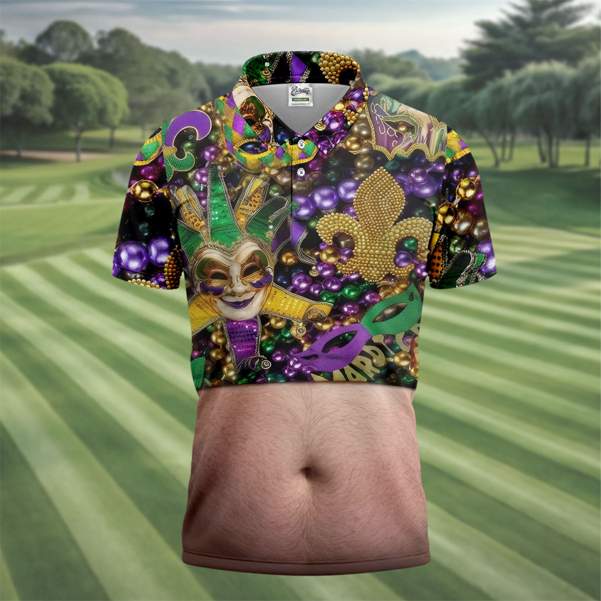 Mardi Gras Purple Green Gold Fleur De Lis Jester Mask Funny Tummy Golf Shirts For Men, Men's Funny Golf Shirts