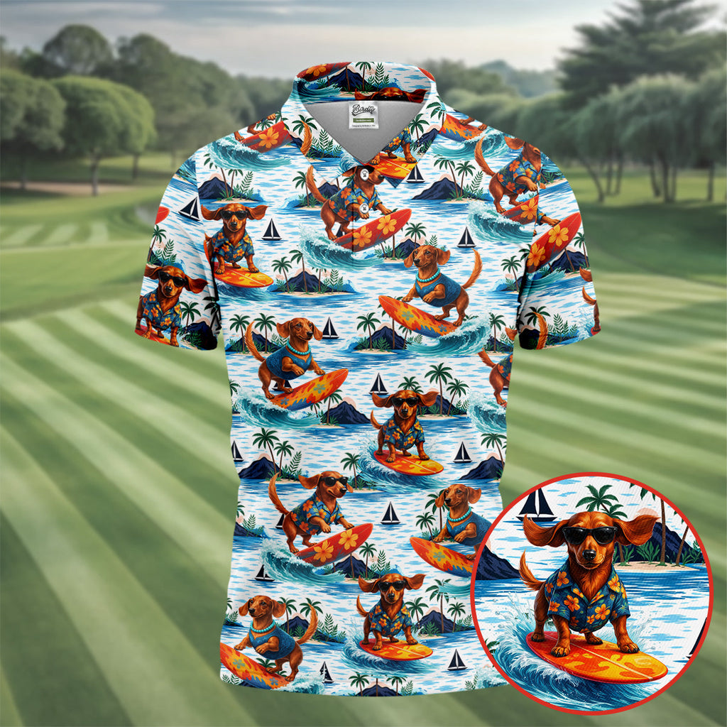 Funny Dachshund Surfing Beach Hawaiian Golf Shirt, Summer Vibe Golf Shirts For Men