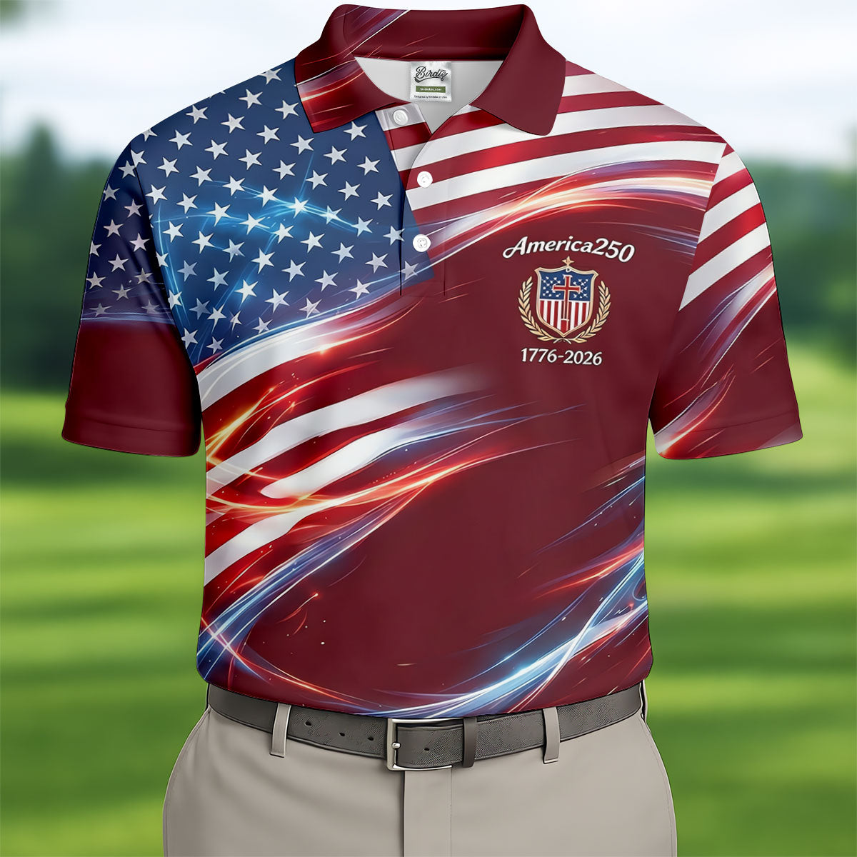 America 250 Light Effect American Flag Golf Shirt, Patriotic 4th Of July Golf Shirts For Men