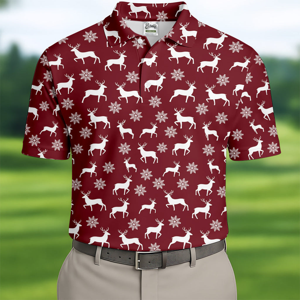 Reindeer Christmas Maroon Golf Shirt, Christmas Golf Shirt, Polo Shirts For Men, Golf Shirts For Men
