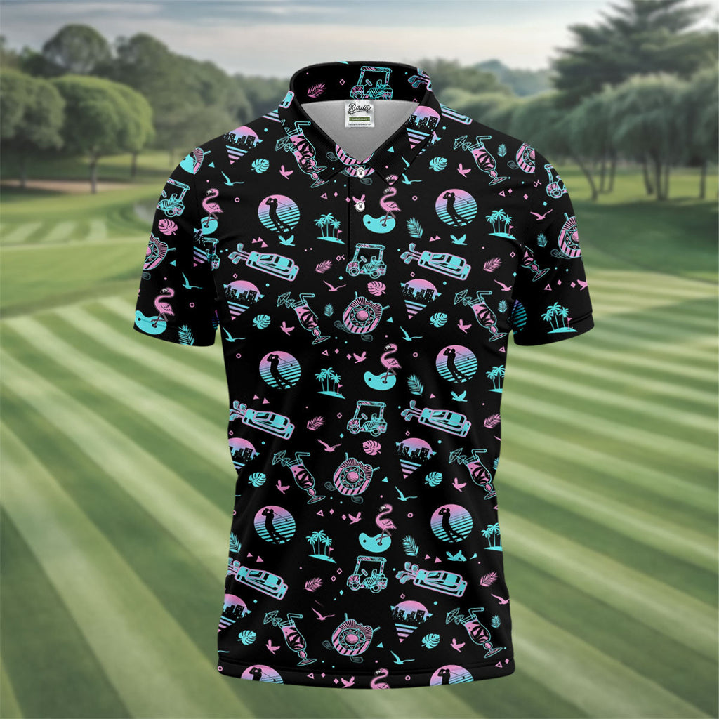 Flamingo Tropical Gradient Colors Retro Golf Shirt, Golf Tops For Men, Golf Shirts For Men