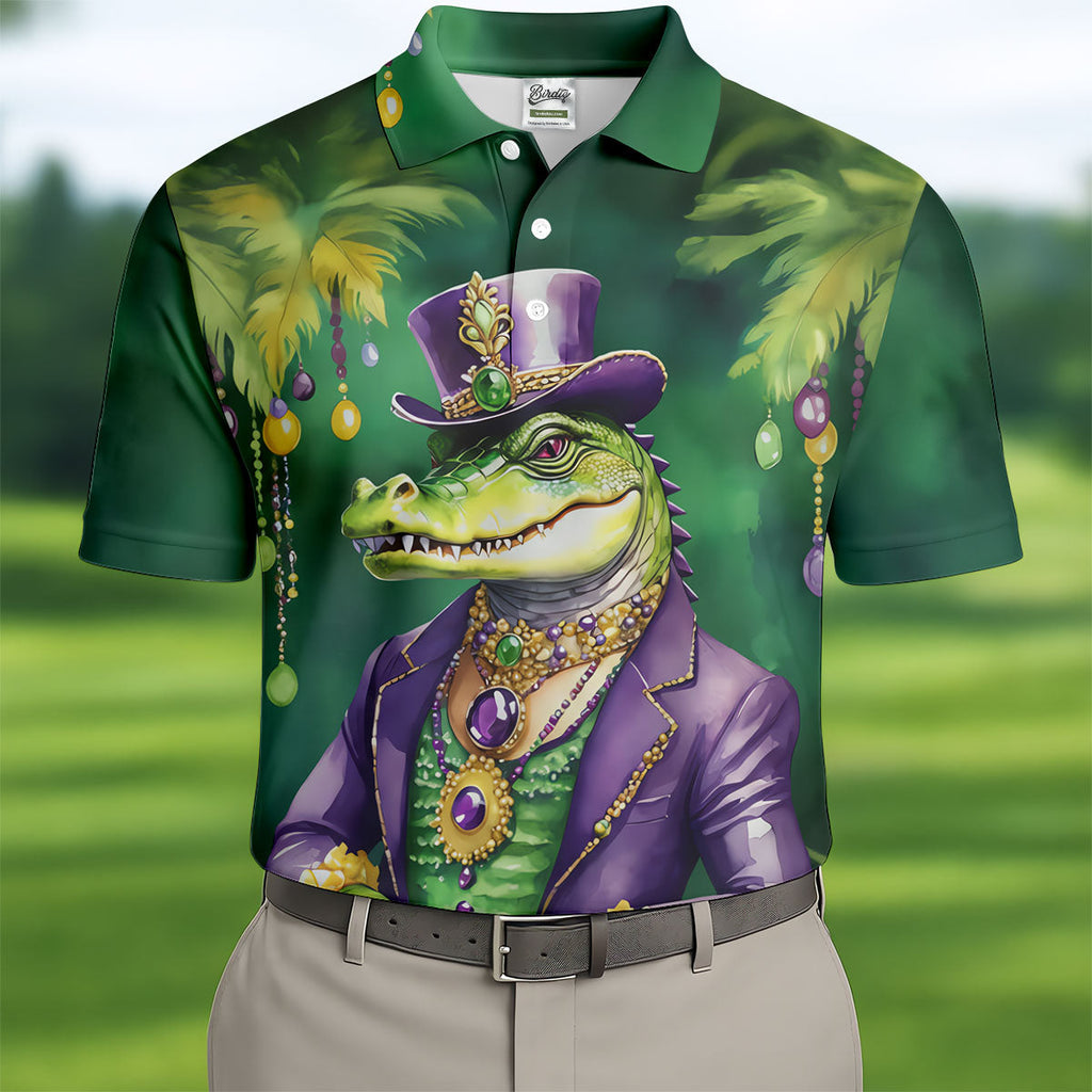 Mardi Gras Alligator Green Golf Shirt, Men's Funny Golf Shirts, Polo Shirts For Men, Golf Shirts For Men