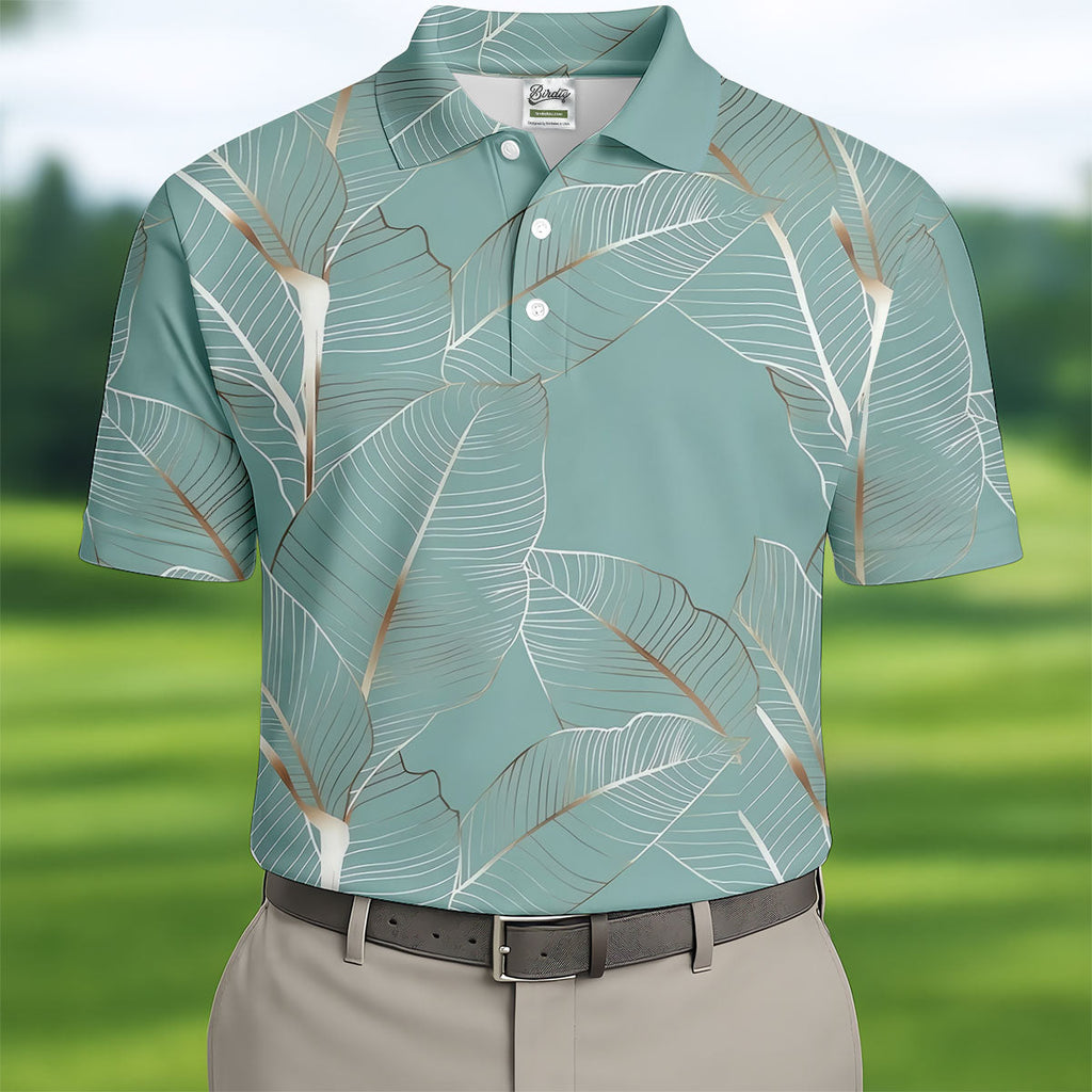 Tropical Leaves Blue Grey Golf Shirt, Summer Hawaiian Golf Shirt, Golf Shirts For Men