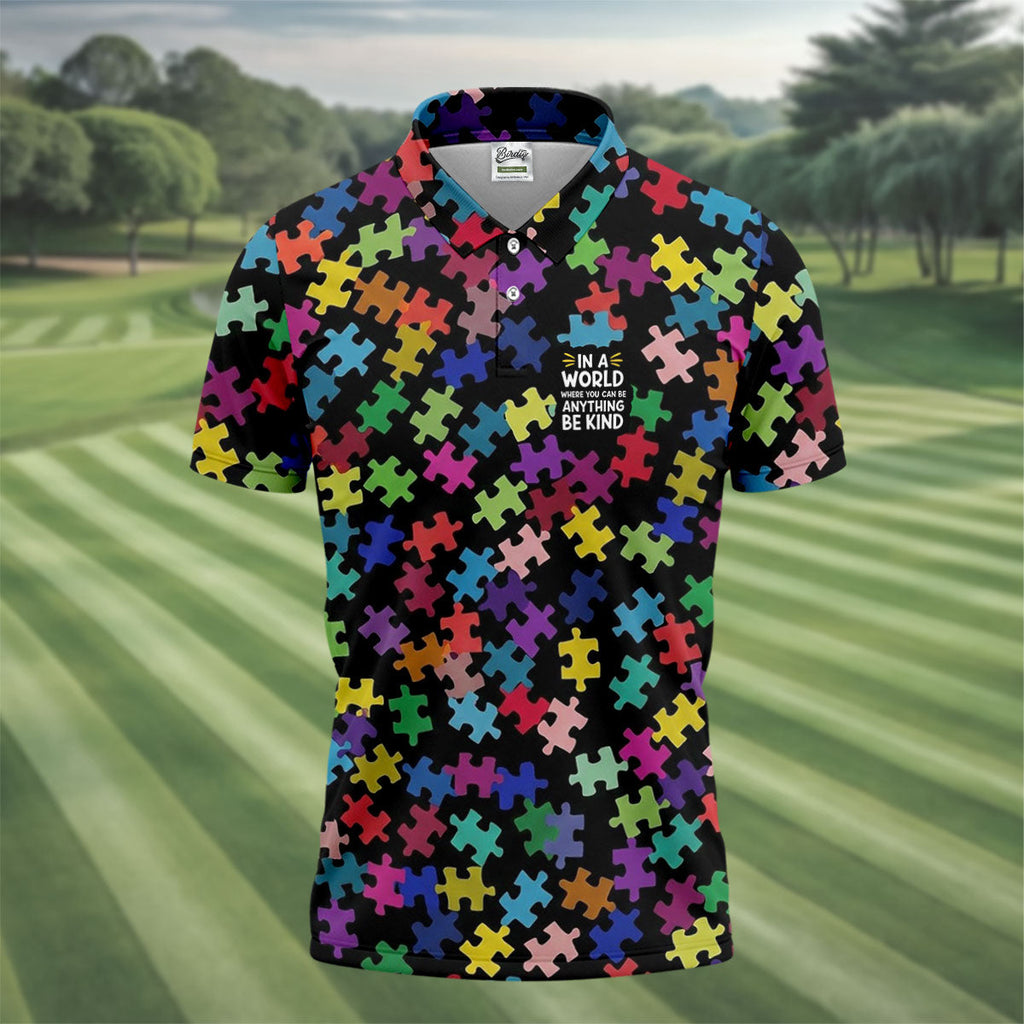 In A World Where You Can Be Anything Be Kind Autism Awareness Puzzle Pattern Men's Golf Shirt, Polo Shirts For Men