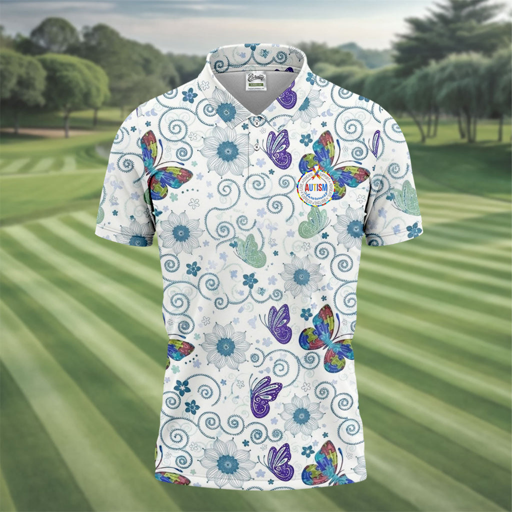 Autism Awareness Flower And Butterfly Puzzle Ribbon Men's Golf Shirt, Polo Shirts For Men