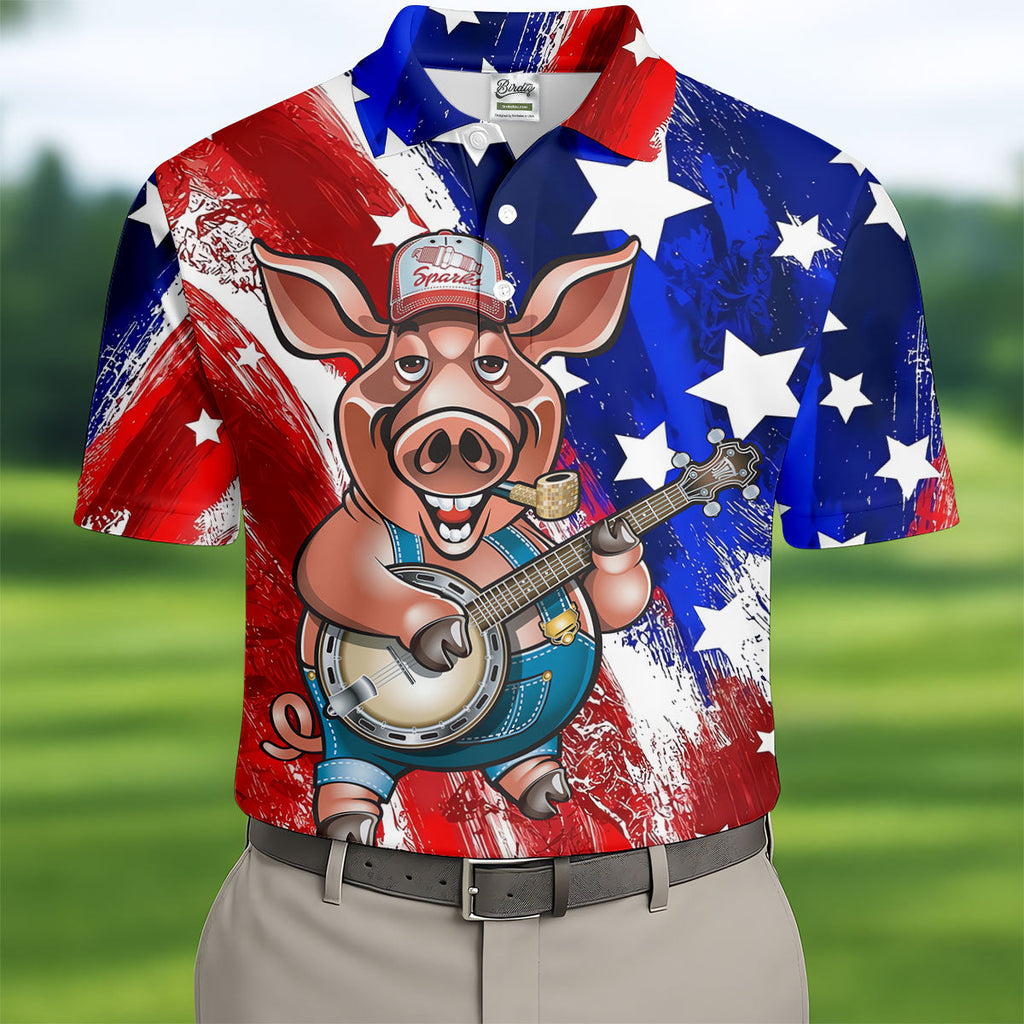 Patriotic American Flag Brush Strokes Funny BBQ 250th Anniversary Polo Shirts For Men, Golf Shirts For Men