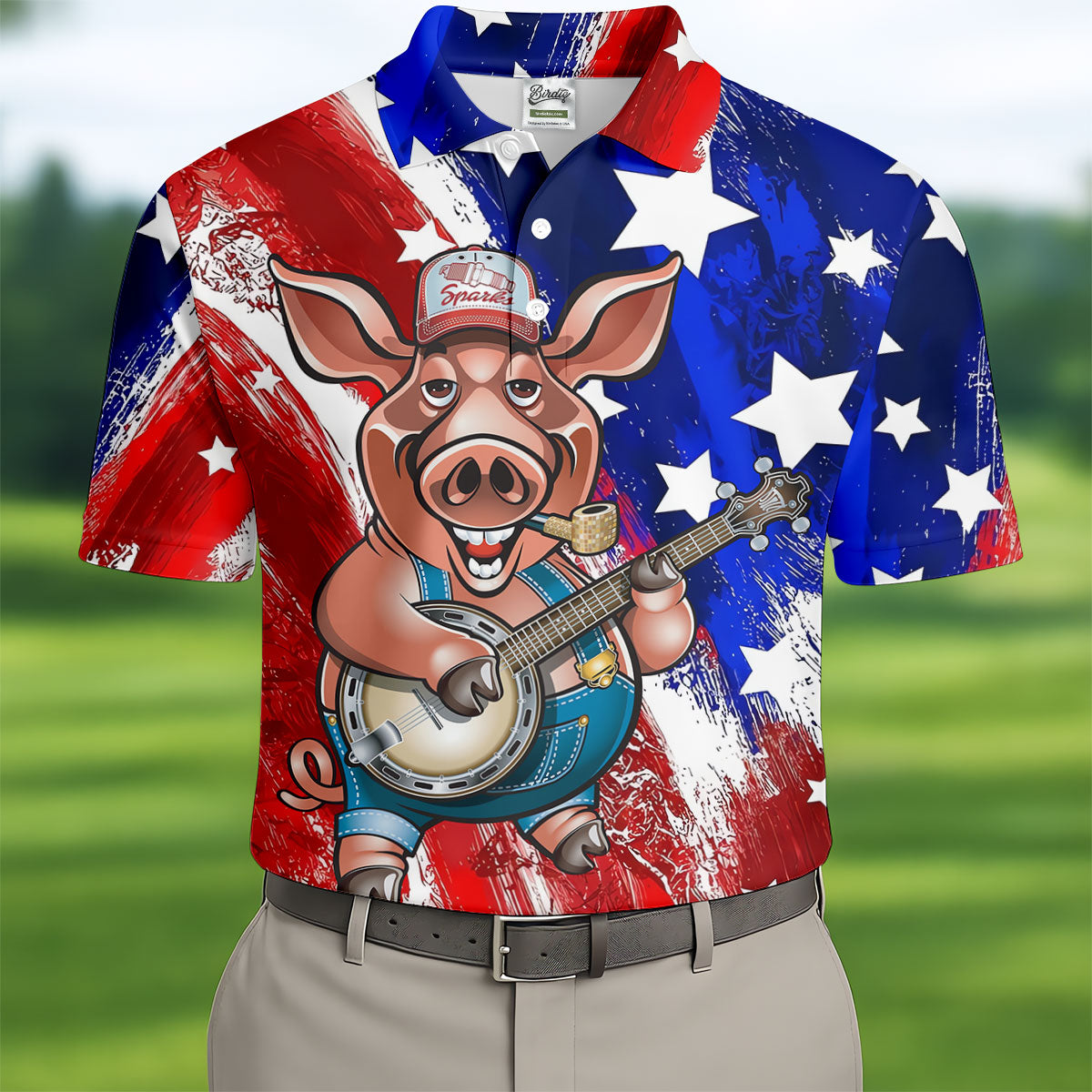 Patriotic American Flag Brush Strokes Funny BBQ 250th Anniversary Polo Shirts For Men, Golf Shirts For Men