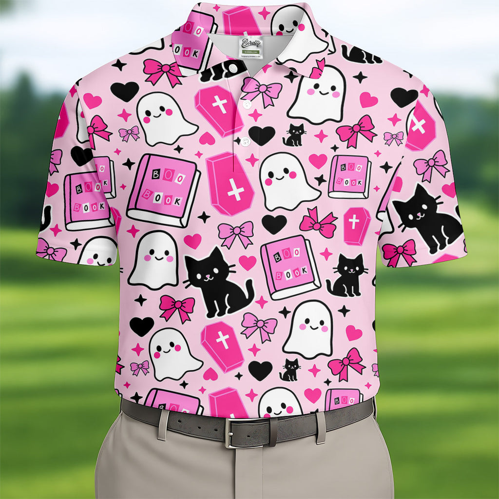 Halloween Boo And Cat Coquette Pink Golf Tops For Men, Fun Golf Shirts For Men, Polo ShirtFor Men