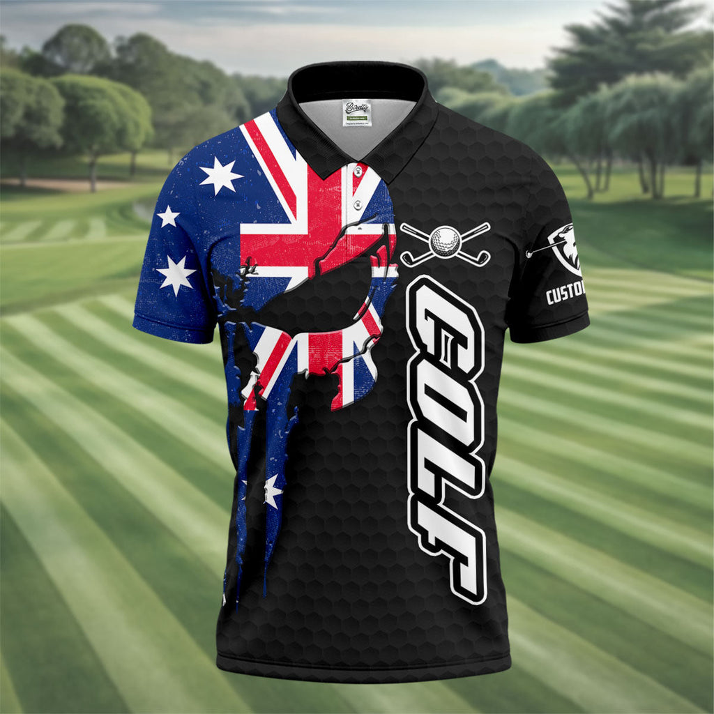 Cool Skull Golf Ball Pattern Australia Flag Print Black Golf Shirt, Polo Shirts For Men