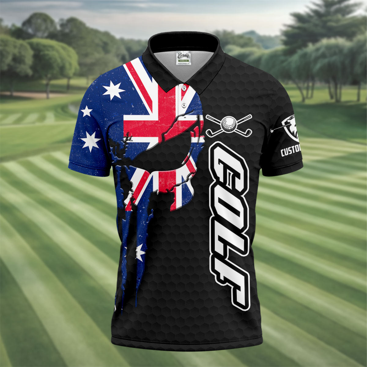 Cool Skull Golf Ball Pattern Australia Flag Print Black Golf Shirt, Polo Shirts For Men