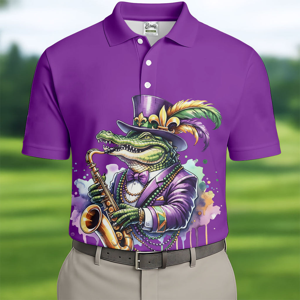 Mardi Gras Alligator Playing Saxophone Purple Golf Shirt, Golf Shirts For Men, Polo Shirts For Men