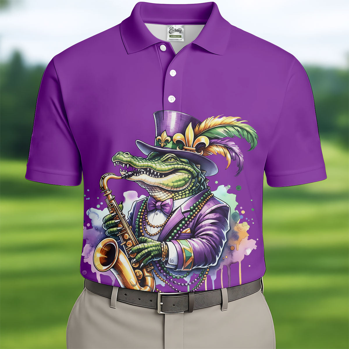 Mardi Gras Alligator Playing Saxophone Purple Golf Shirt, Golf Shirts For Men, Polo Shirts For Men