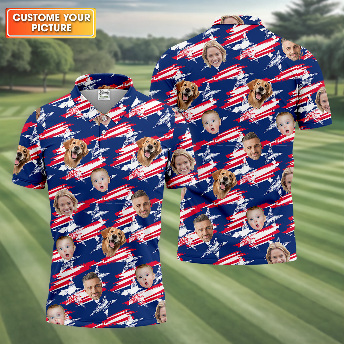 Independence Day Custom Shirts With Face, Men's Golf Polo Shirt, America Flag Golf Shirt, USA Golf Shirt