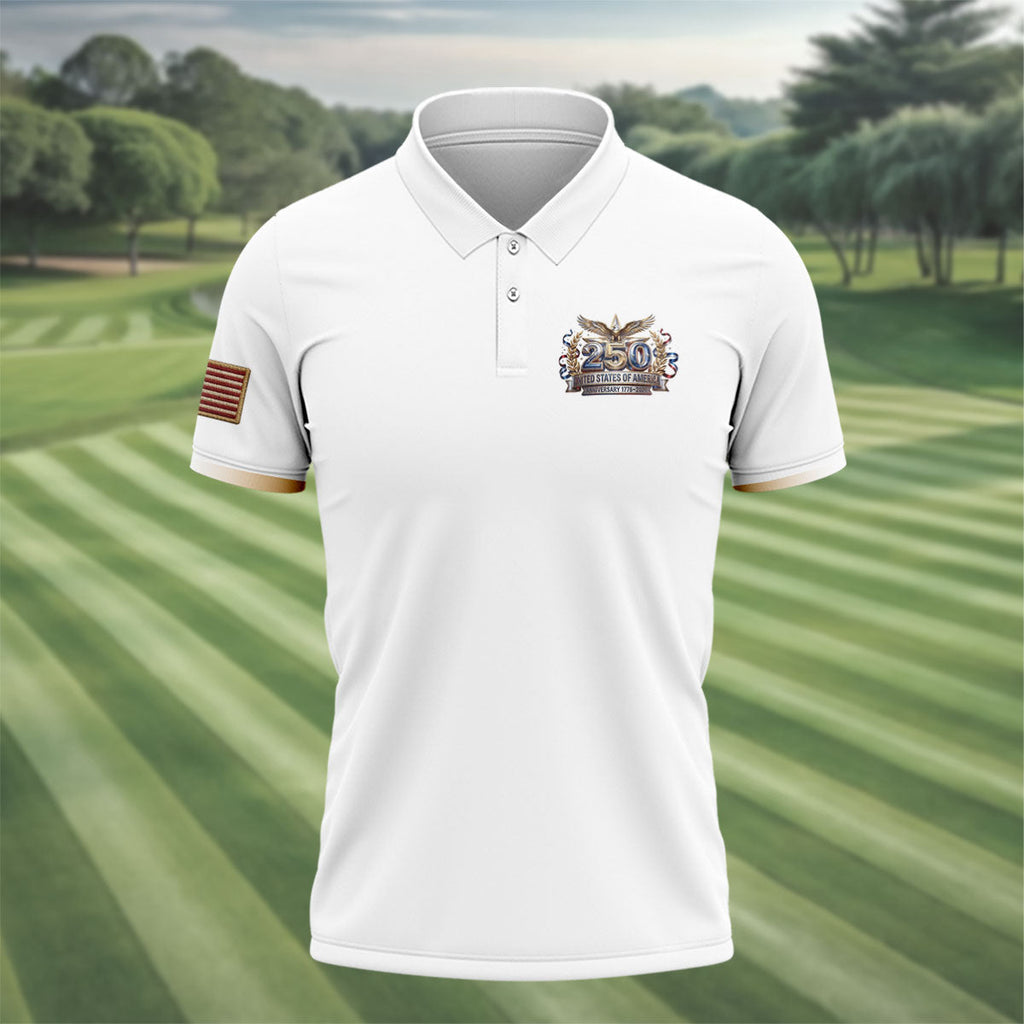 250 Years USA Anniversary 1776-2026 Men's Golf Polo Shirt, America Patriotic Men's White Polo
