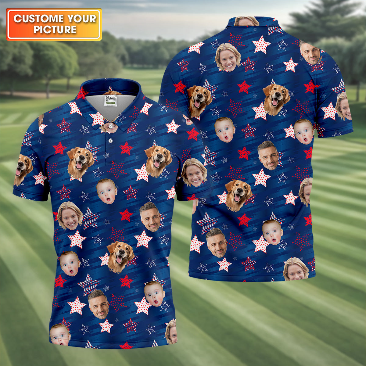 American Flag Custom Shirts With Face, Men's Golf Polo ShirtPatriotic Golf Shirt, USA Golf Shirt