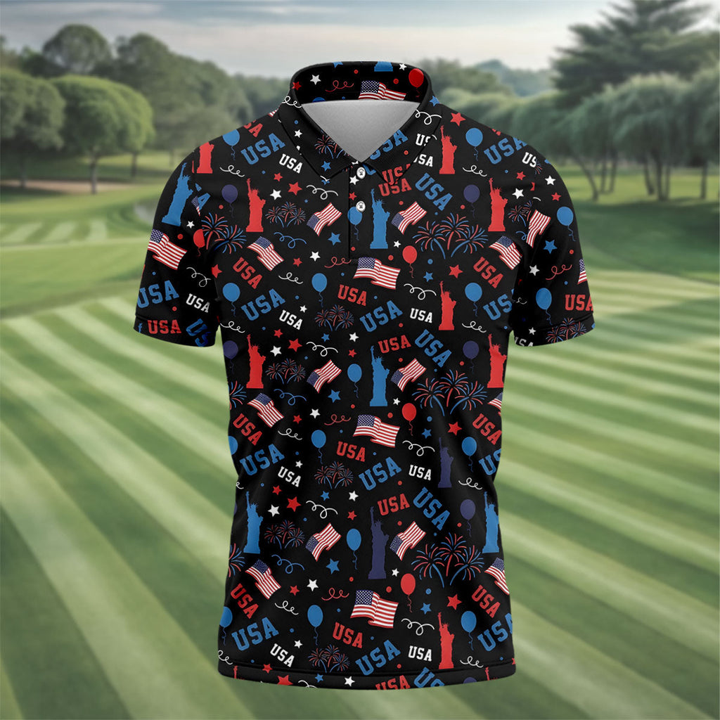 USA Red White Blue Seamless Pattern Black Golf Shirt, 250th Anniversary Patriotic 4th Of July Golf Shirts For Men