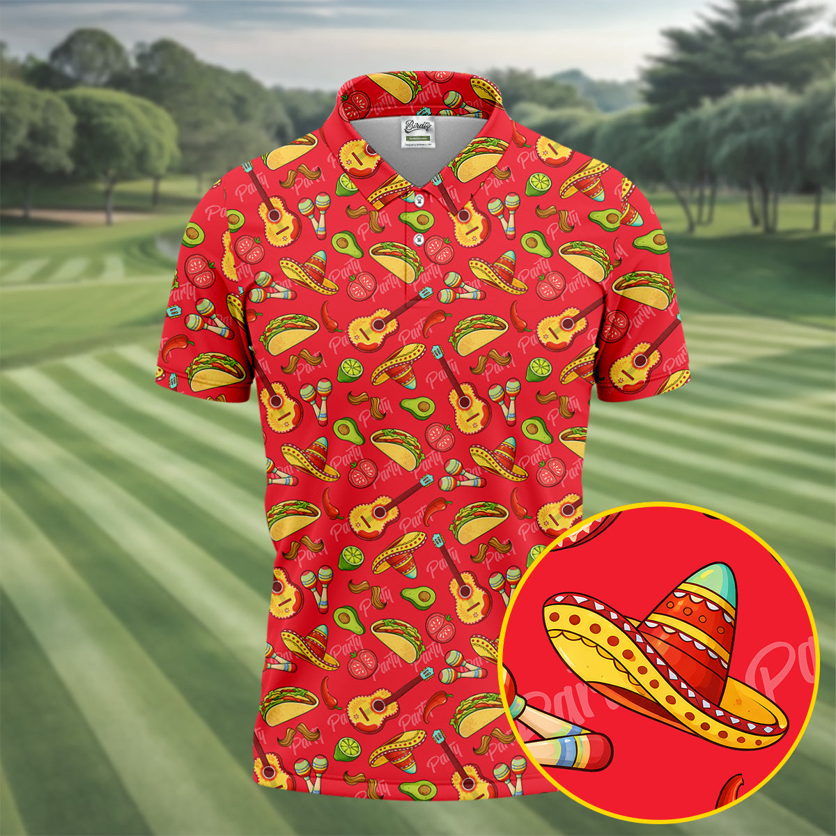 Mexican Party Seamless Pattern Red Golf Tops For Men, Cinco De Mayo Celebration Golf Shirts For Men