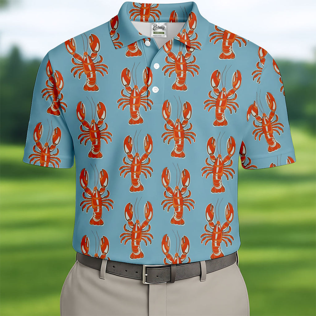 Orange Lobsters Light Blue Mardi Gras Golf Shirt, Golf Tops For Men, Polo Shirts For Men, Golf Shirts For Men