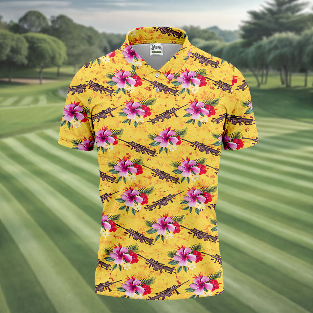 Floral Pattern Army Theme Hawaiian Yellow Golf Shirt, Men's Golf Polo Shirts, Golf Shirts For Men