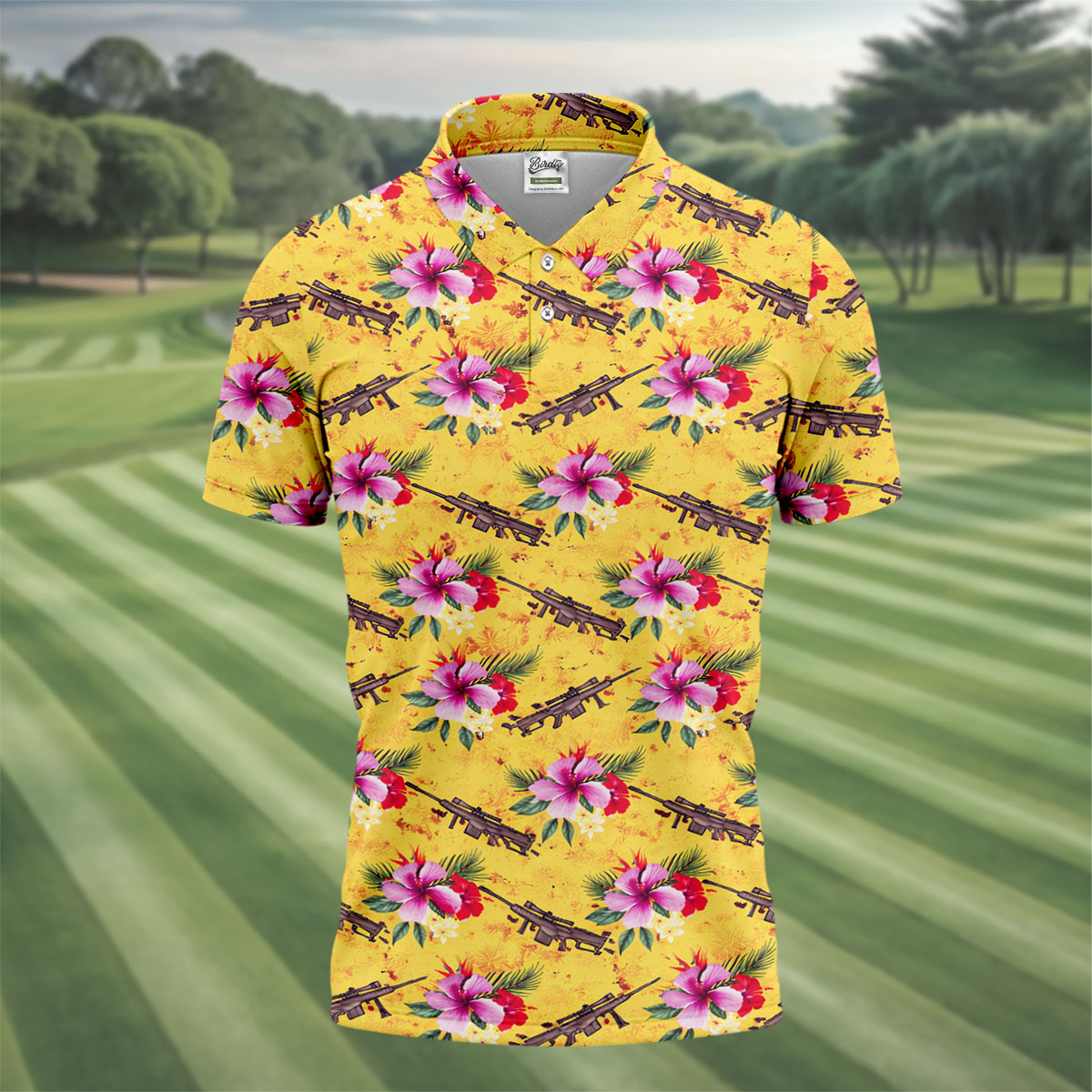 Floral Pattern Army Theme Hawaiian Yellow Golf Shirt, Men's Golf Polo Shirts, Golf Shirts For Men