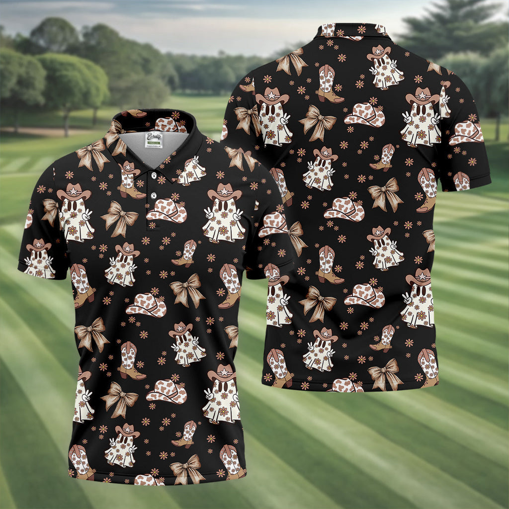 Coquette Halloween Cowboy Ghost Black Fun Golf Shirts For Men, Polo Shirts For Men, Golfing Apparel