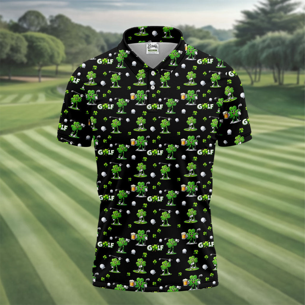 Three Leaf Clover Golf And Beer St Patrick's Day Black Golf Shirt, Fun Golf Shirts For Men, Polo Shirts For Men
