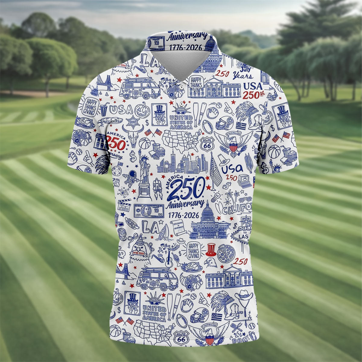 America 250 Anniversary US Symbols Doodle Pattern Patriotic Golf Shirt, 4th Of July Golf Shirts For Men