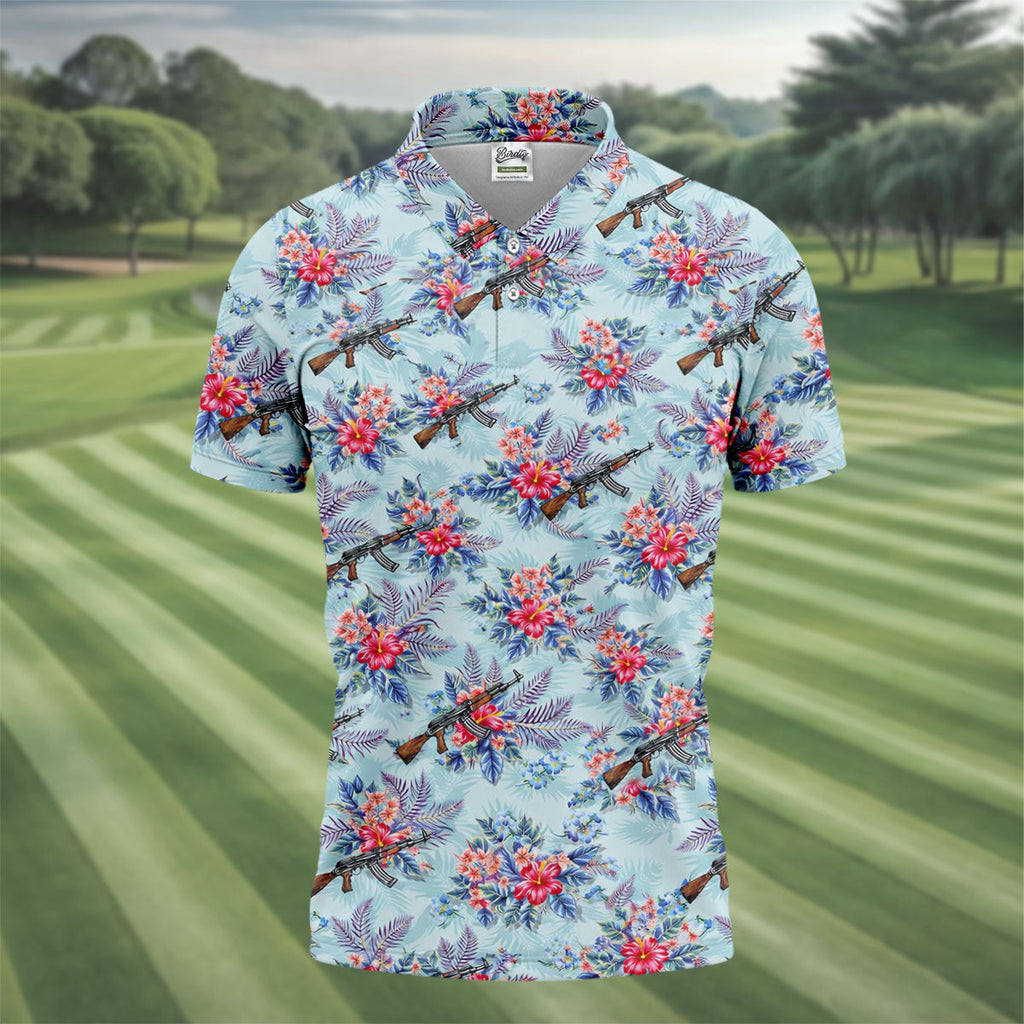 Hawaiian Floral Military Theme Light Blue Golf Shirt, Golf Shirts For Men, Polo Shirts For Men