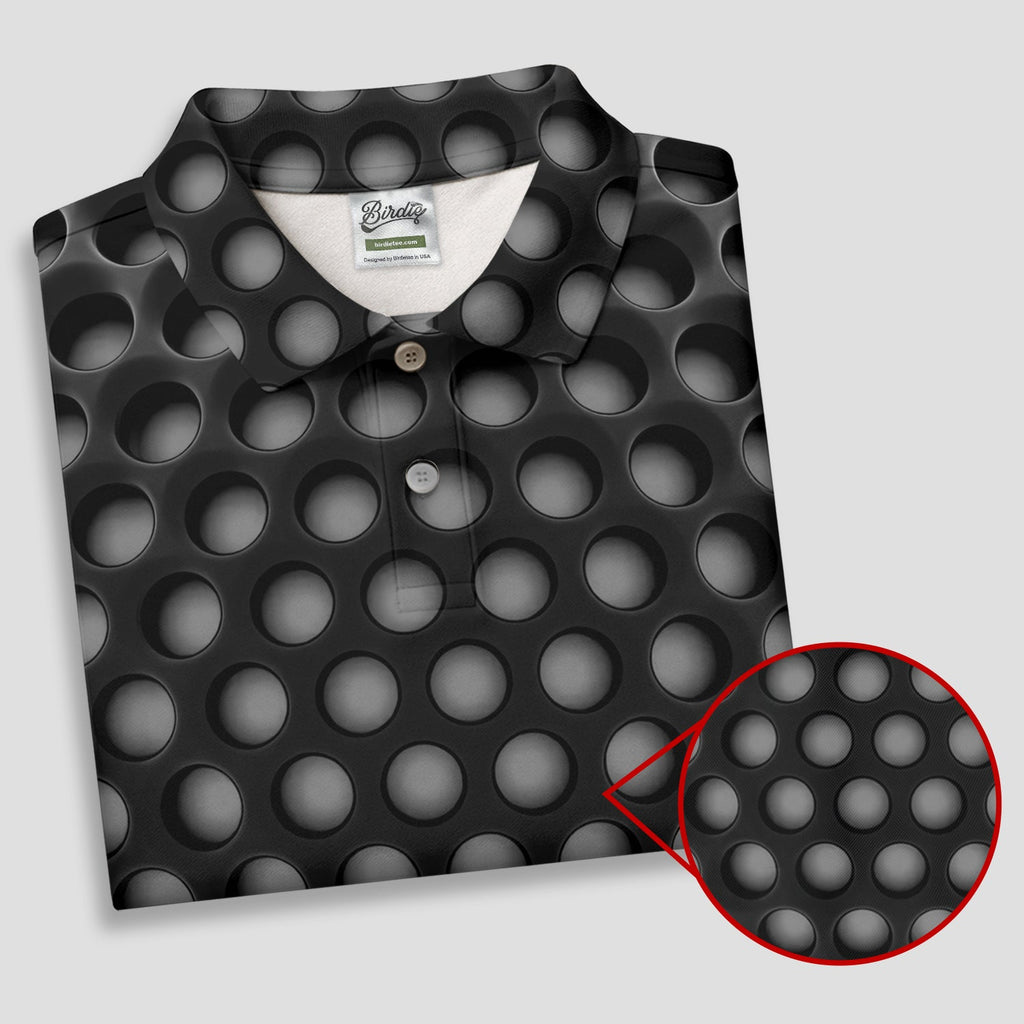 3D Effect Circular Pattern Black Golf Shirt, Cool Golf Outfit, Men's Funny Golf Shirts, Polo Shirts For Men