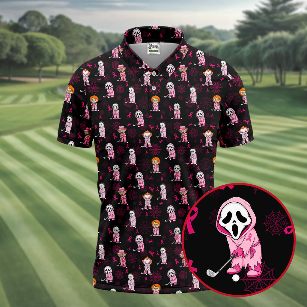 Black Halloween Horror Breast Cancer Polo Shirt, Men's Golf Shirt, Printed Golf Shirts