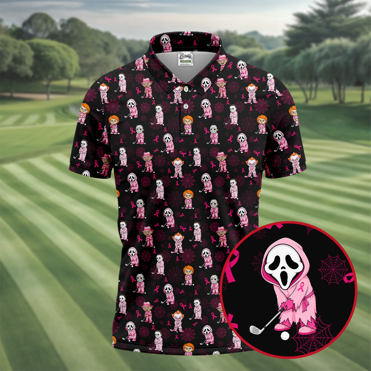 Black Halloween Horror Breast Cancer Polo Shirt, Men's Golf Shirt, Printed Golf Shirts
