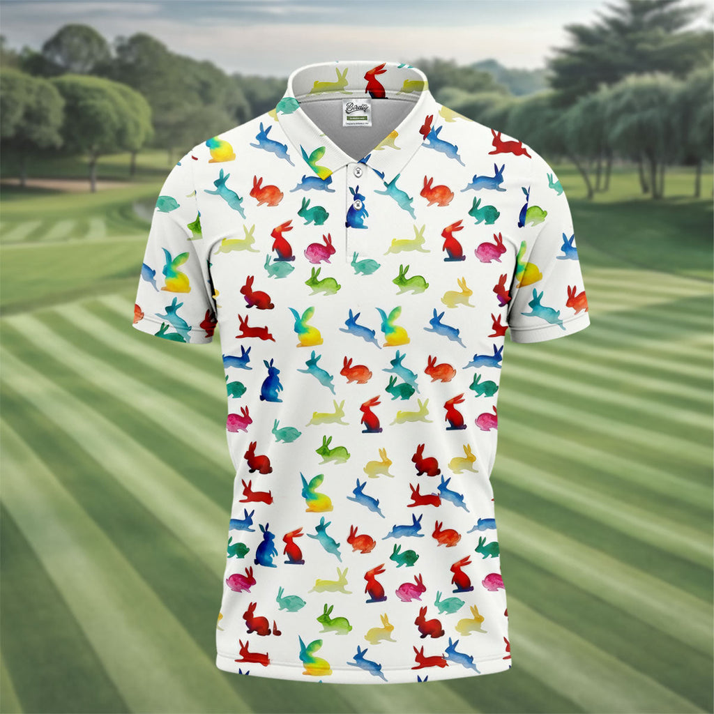 Colorful Bunny Funny Golf Shirt, Easter Bunny Pattern Golf Tops For Men, Golf Shirts For Men