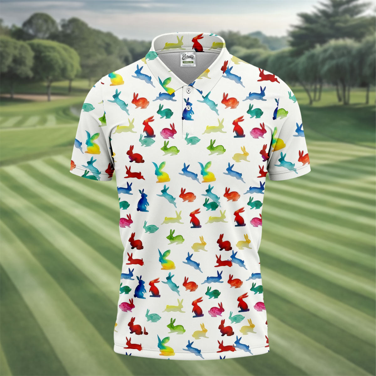 Colorful Bunny Funny Golf Shirt, Easter Bunny Pattern Golf Tops For Men, Golf Shirts For Men