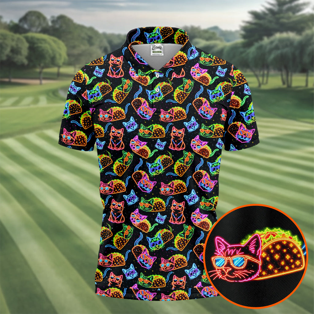 Neon Cats Tropical Vibe Golf Tops For Men, Cute Golf Outfit, Golf Shirts For Men, Polo Shirts For Men