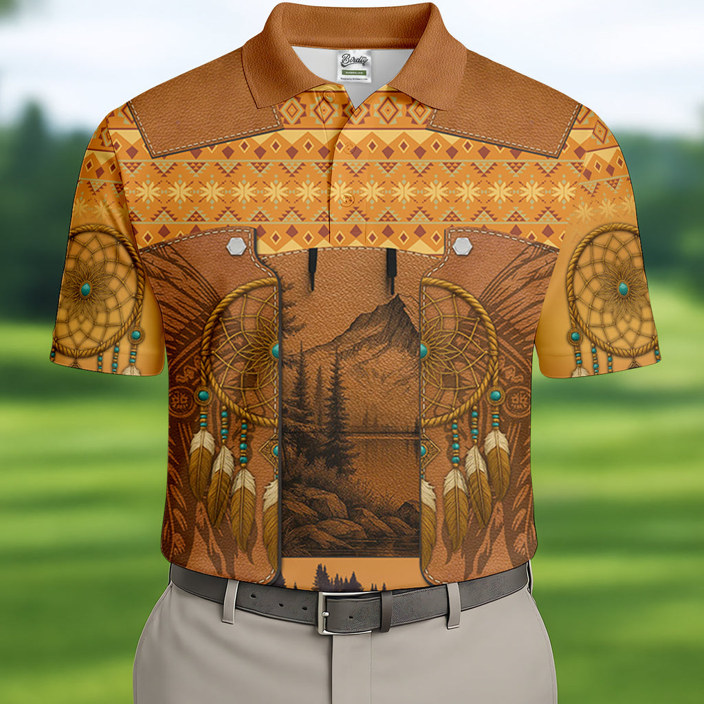 Golden Horizon Tribal Theme Golf Tops For Men, Native American Ancestry Polo Shirts For Men, Indigenous Peoples Month