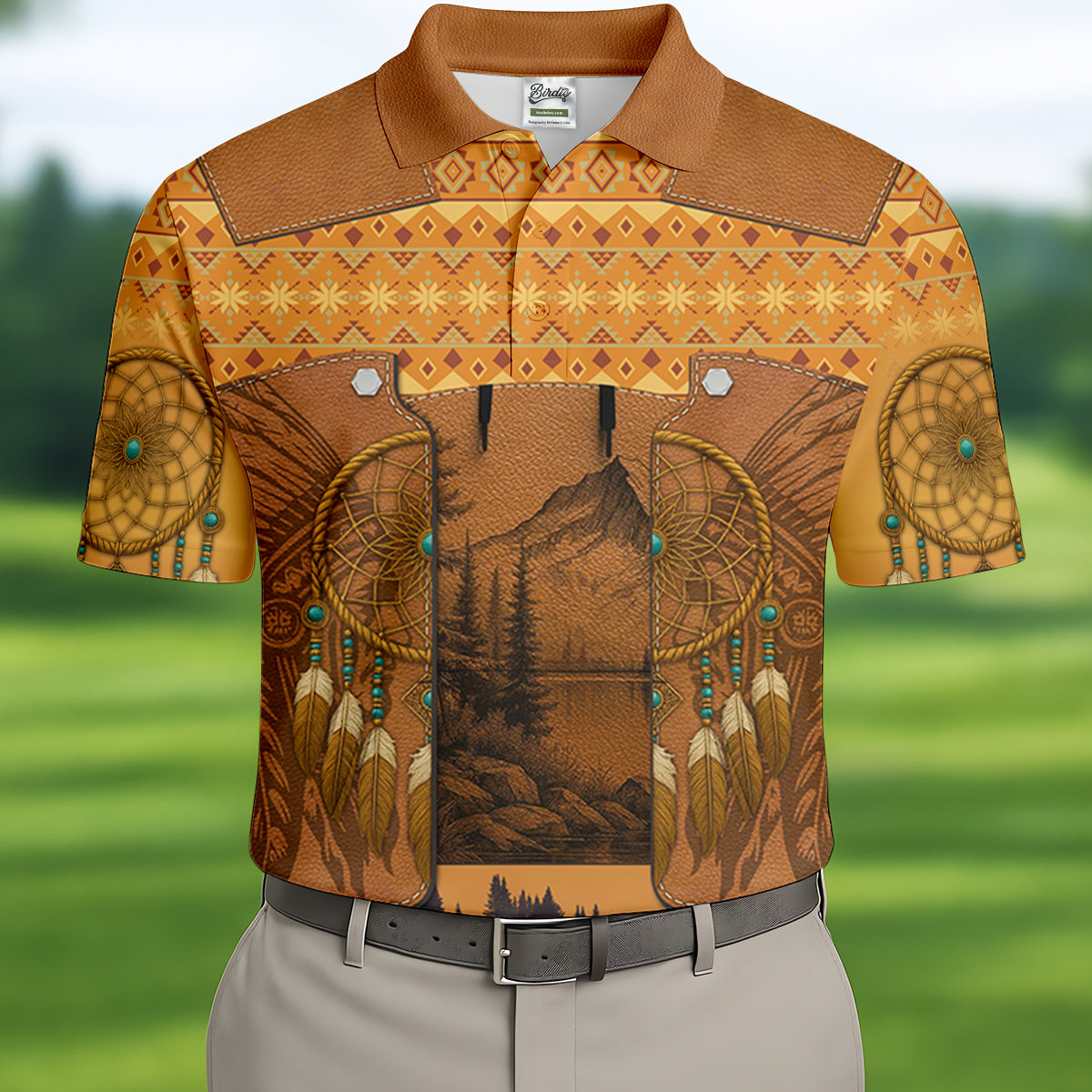 Golden Horizon Tribal Theme Golf Tops For Men, Native American Ancestry Polo Shirts For Men, Indigenous Peoples Month