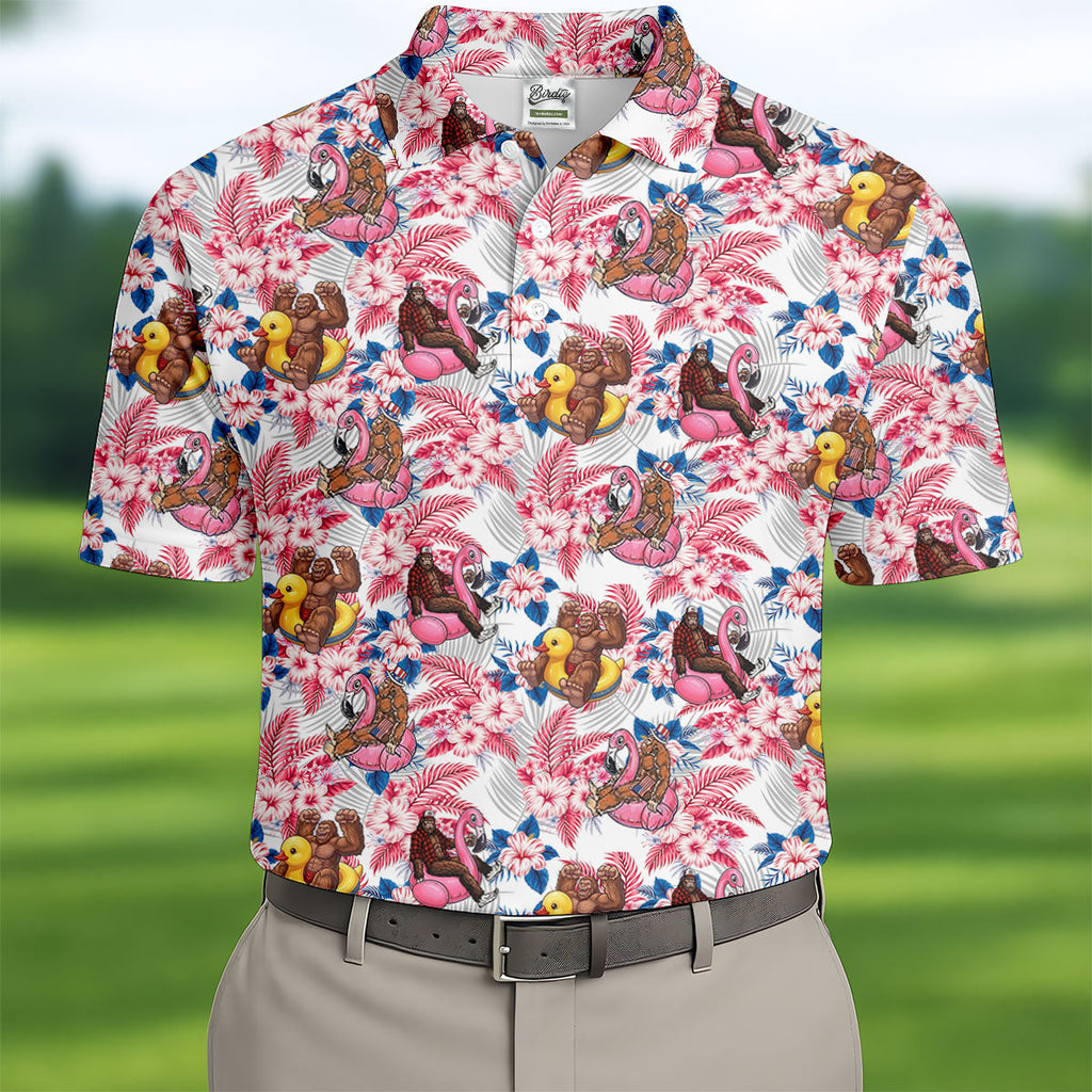 Funny Bigfoot Pool Party Hawaiian Golf Shirt, Red White Blue Tropical Flamingo Golf Shirts For Men