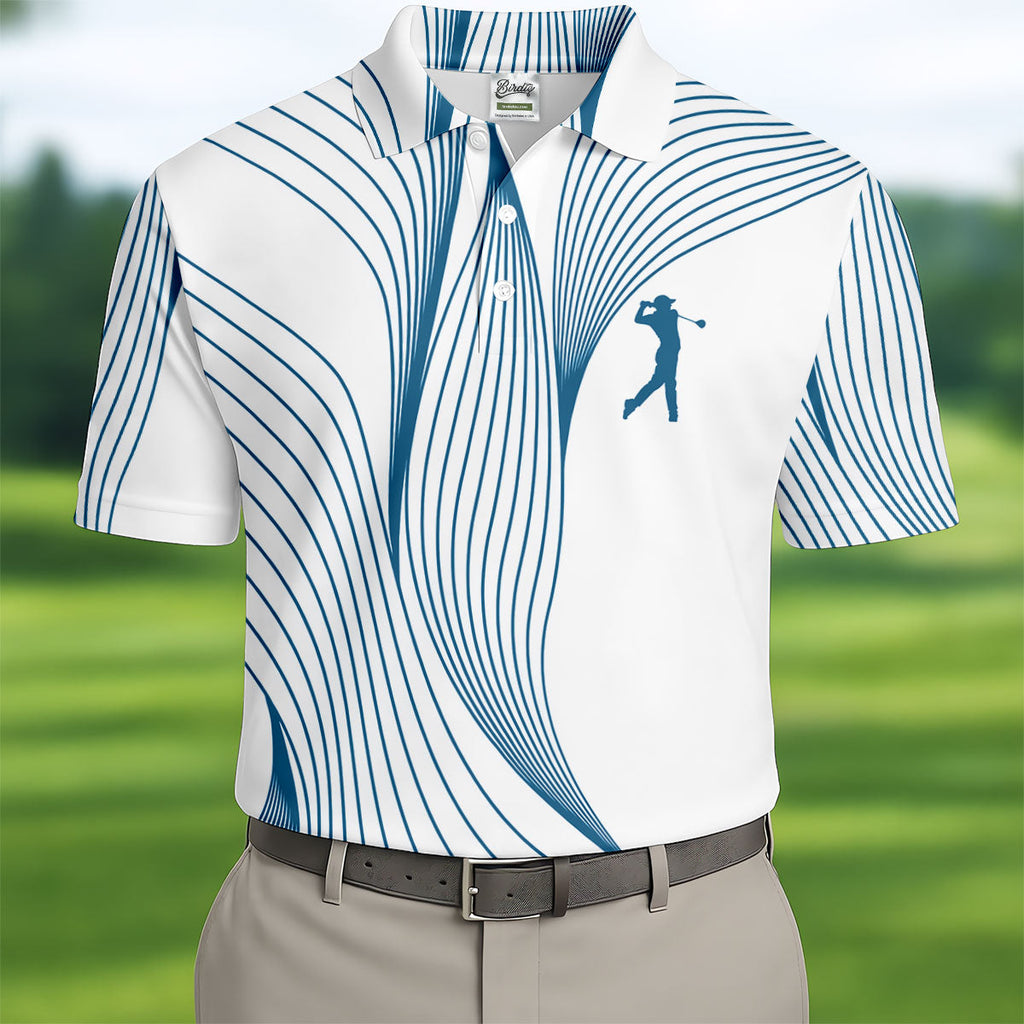 Geometric Line Wavy Line Blue And White Golf Shirts For Men, Men's Golf Shirt, Polo ShirtFor Men