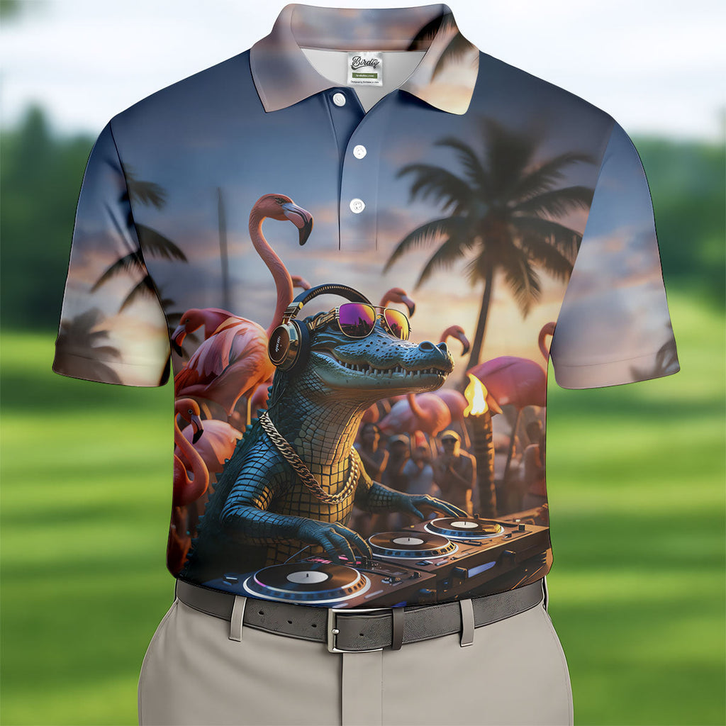 Funny Crocodile DJ Mardi Gras Festival Flamingo Golf Shirt, Polo Shirts For Men, Golf Shirts For Men