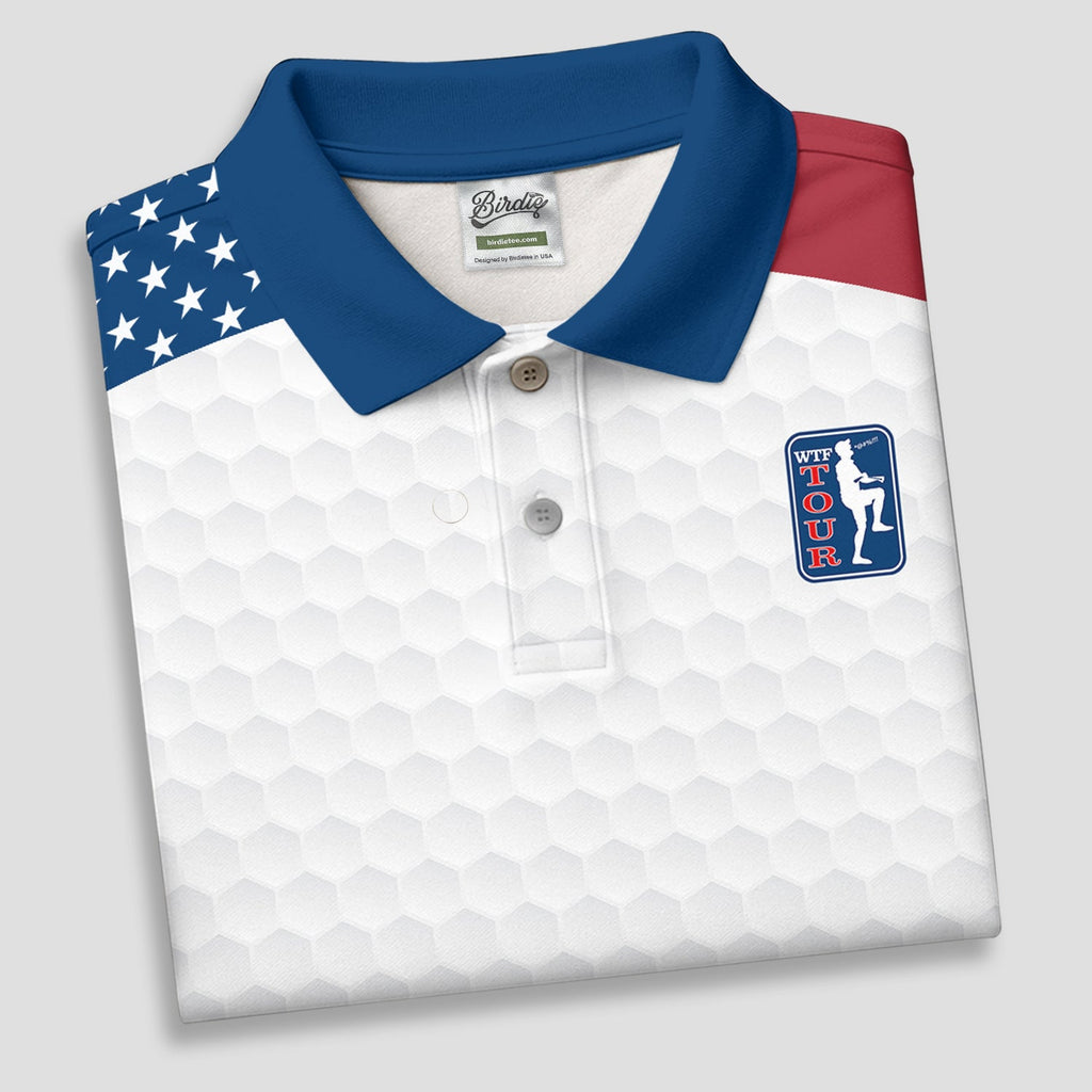 WTF Tour Angery Golfer Golf Ball Pattern Red White Blue Golf Shirts For Men, Polo Shirts For Men
