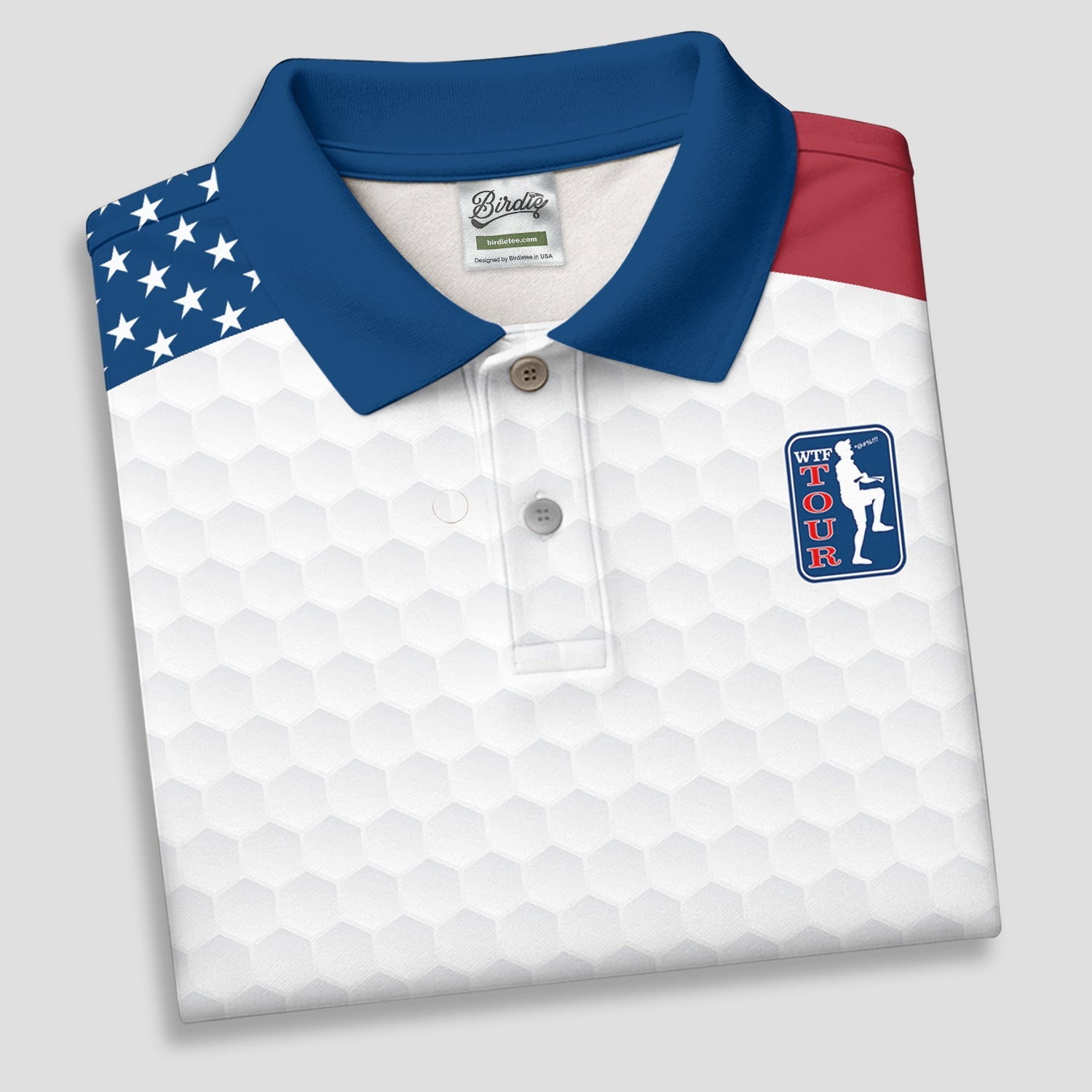 WTF Tour Angery Golfer Golf Ball Pattern Red White Blue Golf Shirts For Men, Polo Shirts For Men