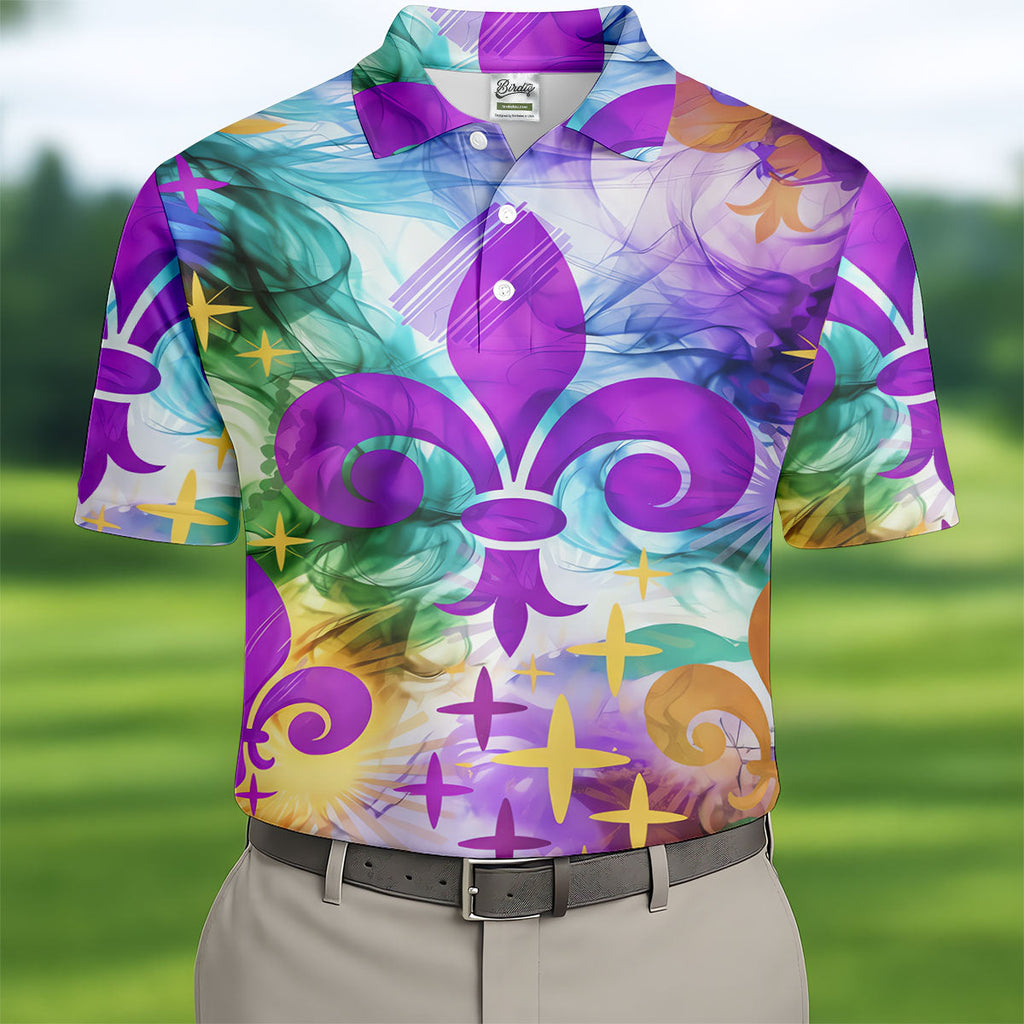 Mardi Gras Festival Fleur De Lis Symbol Purple Green Gold Polo Shirts For Men, Golf Shirts For Men